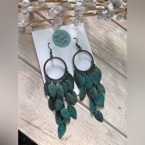 Beautiful patina turquoise brass leaf dangle earrings